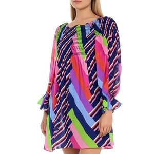 Trina Turk Anza Dress Multicolor Stripe Off Shoulder Smocked Mini Size L